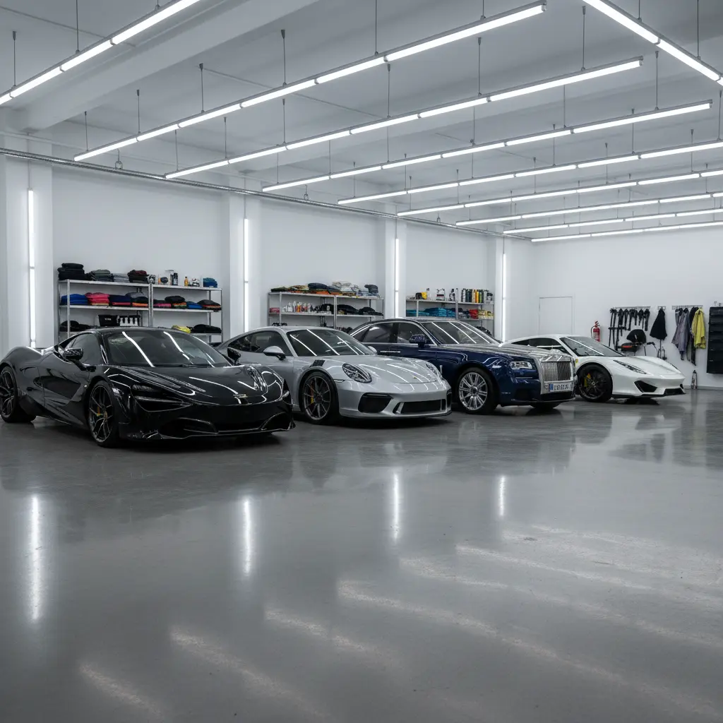 Clean indoor detailing bay with luxury cars