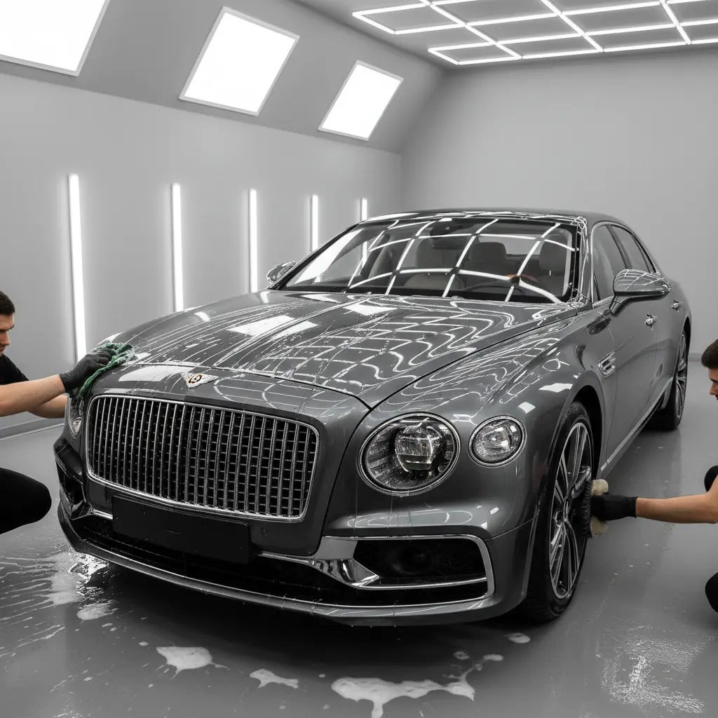 Luxury sedan being carefully hand-washed in a spotless studio