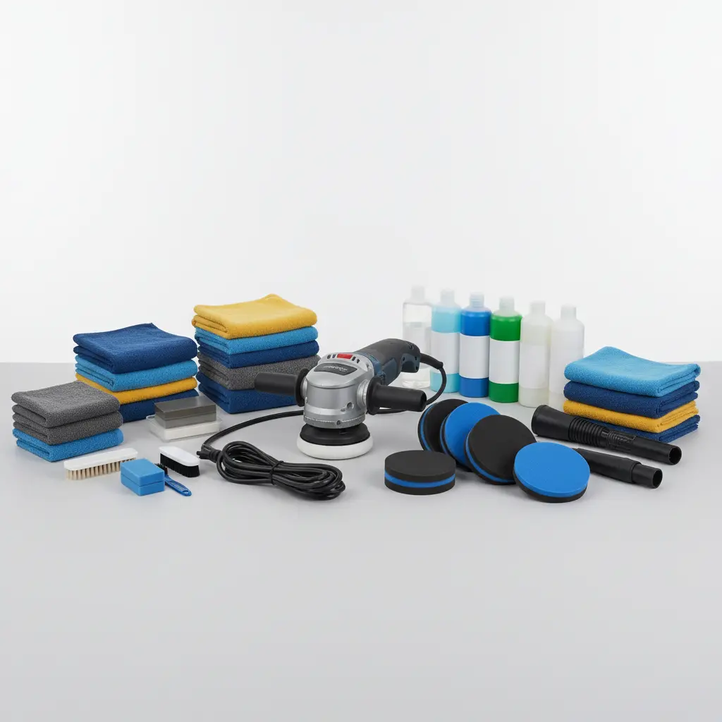 Professional car detailing tools neatly arranged